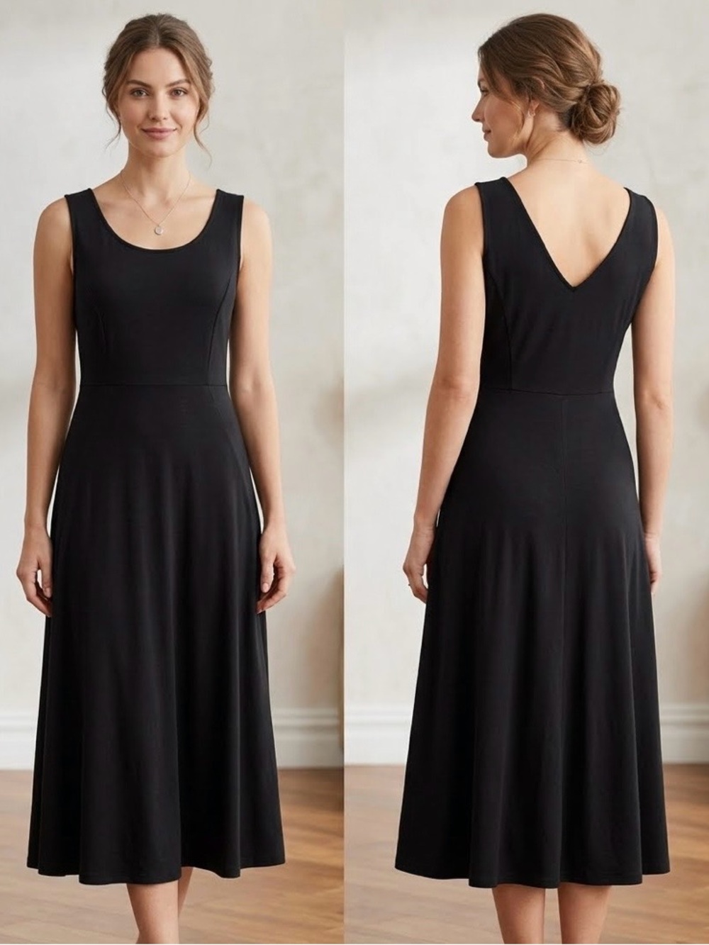 Eileen Fisher Black Sleeveless Viscose Stretch Midi Dress Scoop Neck/V Back